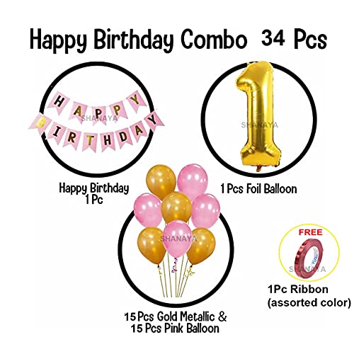SHANAYA Happy Birthday Decoration Items Kit - 33Pcs Set For Boys Girls Husband Wife Decoration Items Combo -Happy Birthday Paper Banner Metallic Gold Pink Number 1 Foil Balloon Ribbon Party Supplies - Image 2