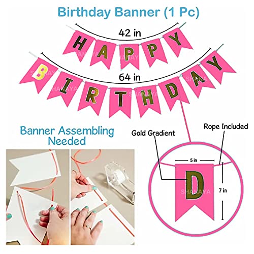 SHANAYA Happy Birthday Decoration Items Kit - 33Pcs Set For Boys Girls Husband Wife Decoration Items Combo -Happy Birthday Paper Banner Metallic Gold Pink Number 1 Foil Balloon Ribbon Party Supplies - Image 3