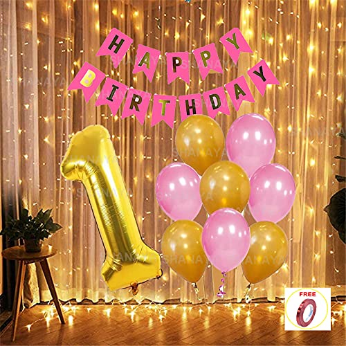 SHANAYA Happy Birthday Decoration Items Kit - 33Pcs Set For Boys Girls Husband Wife Decoration Items Combo -Happy Birthday Paper Banner Metallic Gold Pink Number 1 Foil Balloon Ribbon Party Supplies - Image 1