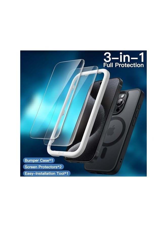 جي تيك جراب مغناطيسي 3 في 1 لهاتف iPhone 15 Pro مقاس 6.1 بوصة مع قطعتين من واقيات الشاشة الزجاجية المقواة، متوافق مع MagSafe، غطاء هاتف شفاف غير لامع مقاوم للصدمات (أسود) - Image 3