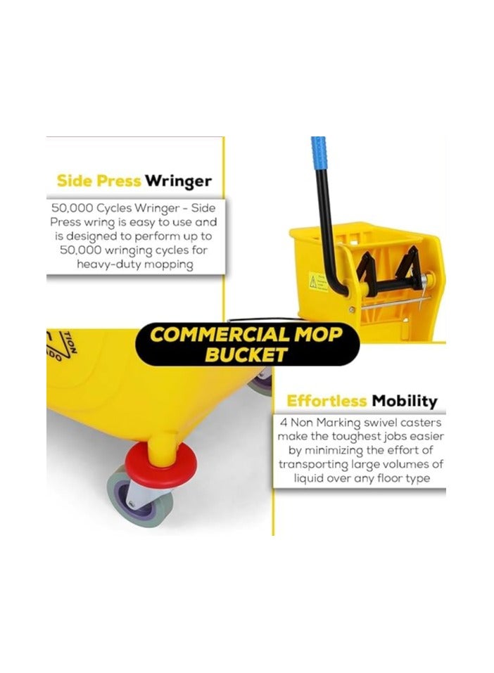 VINSTAR 32 Liters Commercial Mop Bucket Trolley with Wheel and Down Press Wringer, Mopping Cart 34 Quart Capacity – Yellow - Image 4
