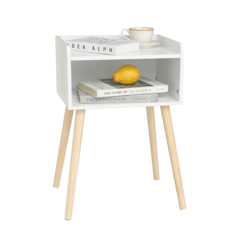 MaxSmeo طاولة جانبية بيضاء صغيرة من ماكس سميوا لمساحات صغيرة طاولة سرير بتصميم حديث من منتصف القرن مع تخزين وأرجل خشبية صلبة لغرفة النوم أو غرفة المعيشة بيضاء