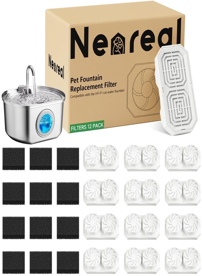 Neareal Cat Water Fountain Replacement Filters & Pre-Filter Sponges Compatible with 74oz/2.2L Stainless Steel Pet Fountain (12 Filters & 12 Sponges) - Image 1