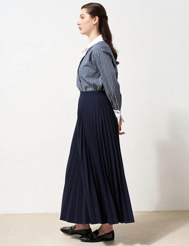 Kayra Zipped Pleated Skirt Navy Blue