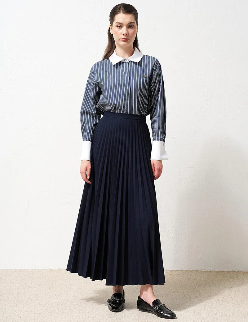 Kayra Zipped Pleated Skirt Navy Blue
