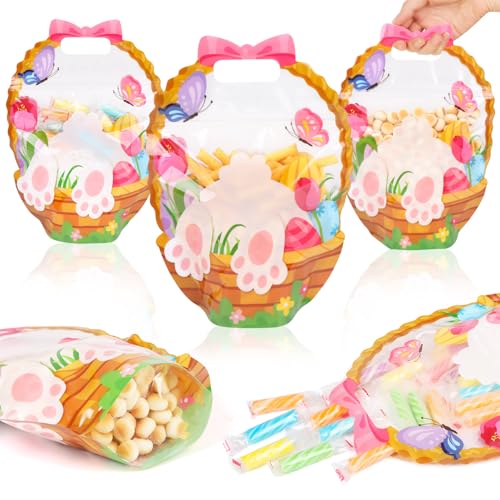 CCINEE 60 Packs Easter Treat Bags Bulk Easter Gifts Bags with Handle Sealing Bunny Goodie Cellophane Ziplock Bag Bulk for Classroom School Party Favors Gift Exchange - Image 1