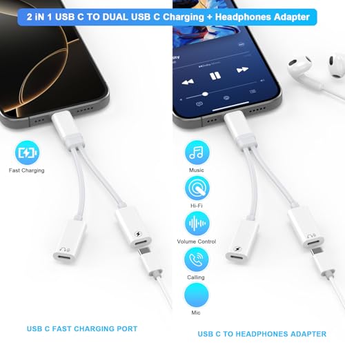 CREHAO USB C Splitter, Dual USB C Famale to Male Headphone and Charger Adapter Audio Dongle Cable with PD 100W Fast Charging Type C Aux Dongle for iPhone 17/16/15 Pro Max,iPad,MacBook,Samsung Galaxy S25 - Image 5