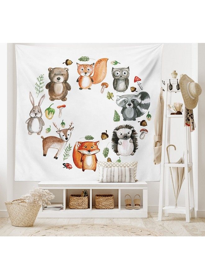 Lunarable Woodland Tapestry Animals Of The Forest Mushrooms Acorns Circular Frame Cartoon Pastel Colors Wide Wall Hanging For Bedroom Living Room Dorm 60" X 40" Multicolor - Image 3