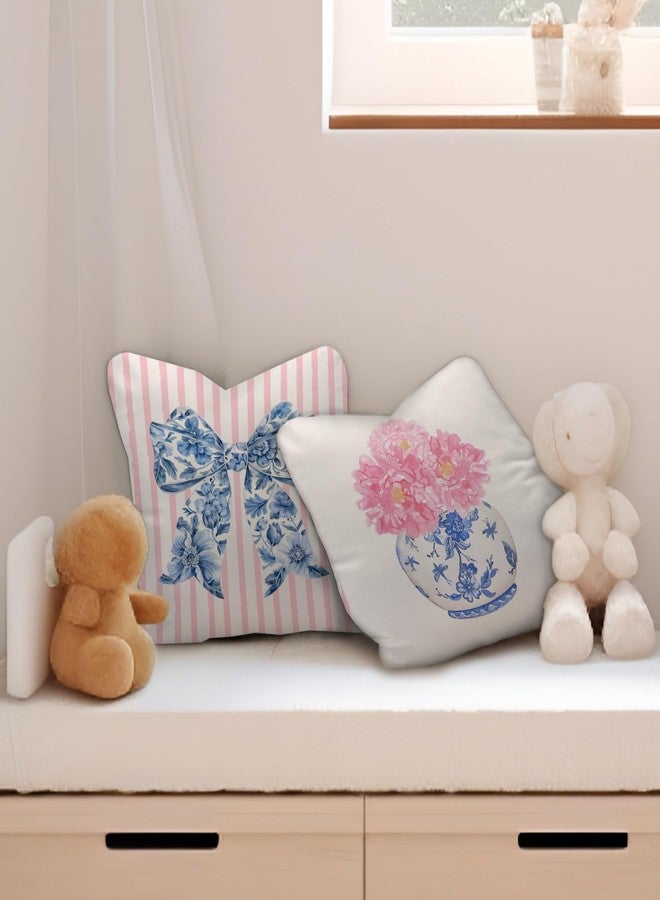 Nvotell Coquette Chinoiserie Bow Pillow Covers 18x18 - Blue and White Floral Throw Pillow Cases, Pink Bow Room Decor, Girly Room Decor Aestheticm, Grand Millenial Pillow Covers Set of 2 - Image 4