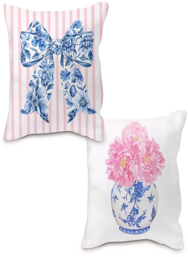Nvotell Coquette Chinoiserie Bow Pillow Covers 18x18 - Blue and White Floral Throw Pillow Cases, Pink Bow Room Decor, Girly Room Decor Aestheticm, Grand Millenial Pillow Covers Set of 2 - Image 1