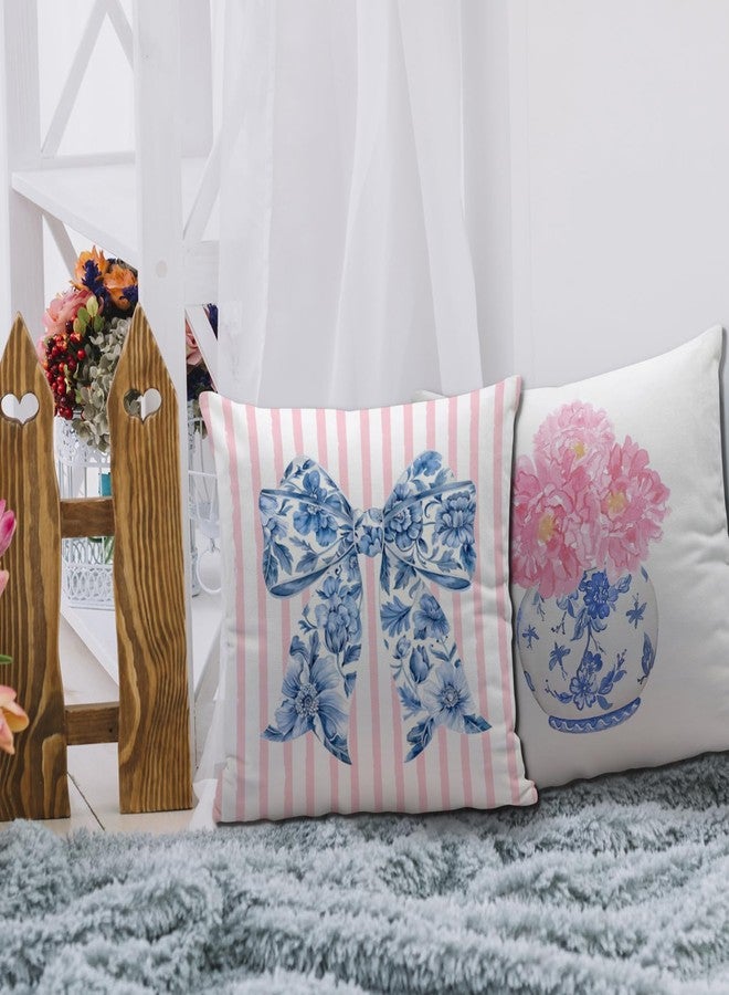 Nvotell Coquette Chinoiserie Bow Pillow Covers 18x18 - Blue and White Floral Throw Pillow Cases, Pink Bow Room Decor, Girly Room Decor Aestheticm, Grand Millenial Pillow Covers Set of 2 - Image 3