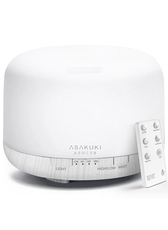 500ml Premium Essential Oil Diffuser with Remote Control, 5 in 1 Ultrasonic Aromatherapy Fragrant Oil Humidifier Vaporizer, Timer and Auto-Off Switch (White)