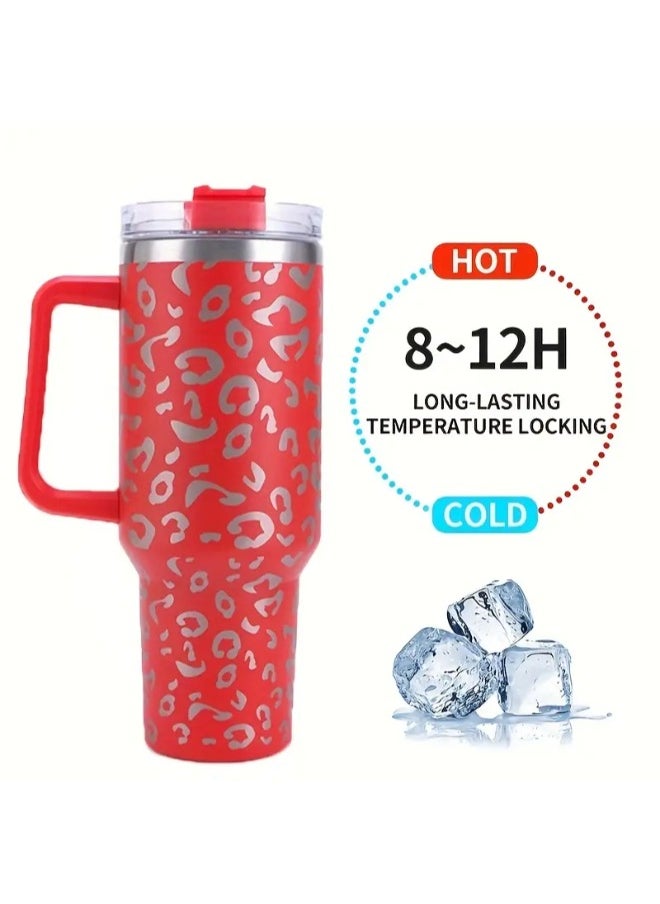 Executive LLC - 40 oz Tumbler with Handle Leopard Print Stainless Steel Thermos Mug Coffee Cup Outdoor Car Mug Sports Travel Stainless Steel Tumbler (RED) - Image 1