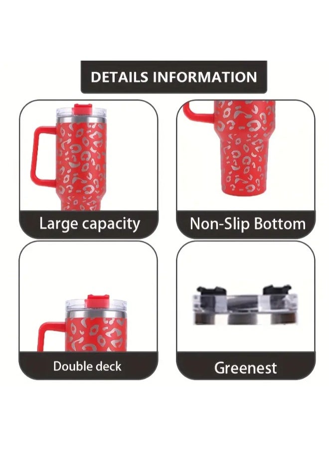 Executive LLC - 40 oz Tumbler with Handle Leopard Print Stainless Steel Thermos Mug Coffee Cup Outdoor Car Mug Sports Travel Stainless Steel Tumbler (RED) - Image 1