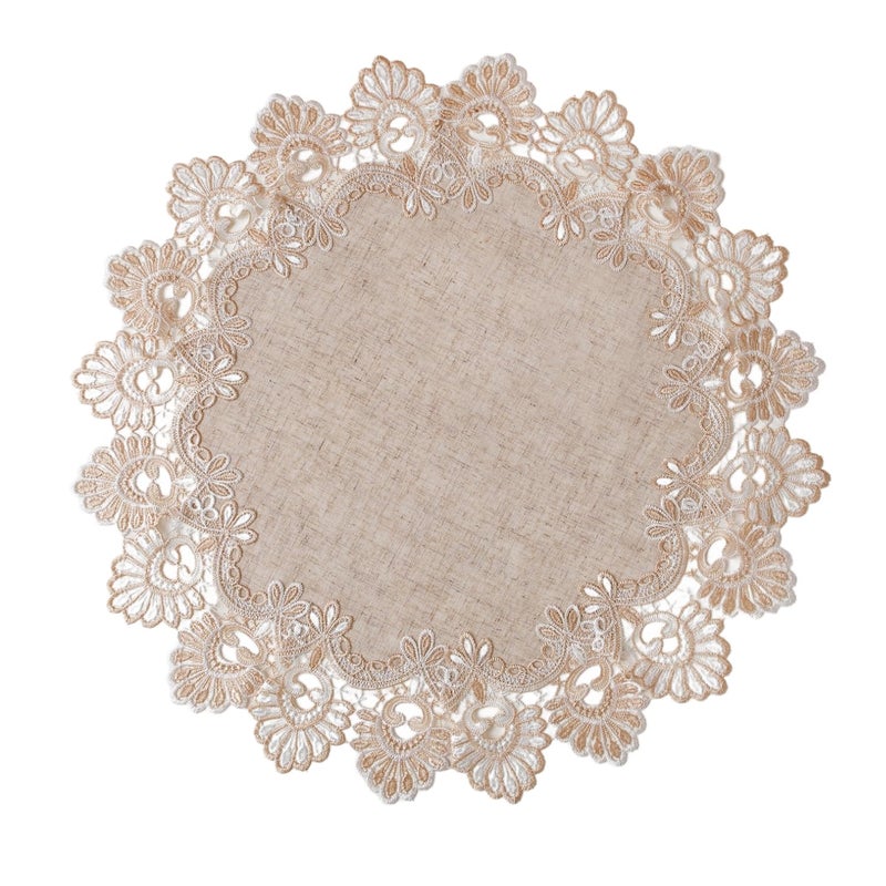 VIRFONOR European Antique Jacquard Lace Table Doilies,Small Farmhouse Linen Embroidered Table Topper Scarf Place Mat RusticTable Cover (Flower Shape, Diameter 23.5Inch) - Image 1