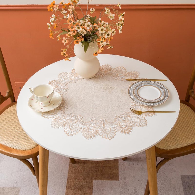 VIRFONOR European Antique Jacquard Lace Table Doilies,Small Farmhouse Linen Embroidered Table Topper Scarf Place Mat RusticTable Cover (Flower Shape, Diameter 23.5Inch) - Image 3