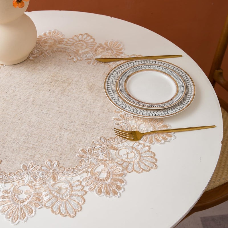 VIRFONOR European Antique Jacquard Lace Table Doilies,Small Farmhouse Linen Embroidered Table Topper Scarf Place Mat RusticTable Cover (Flower Shape, Diameter 23.5Inch) - Image 5