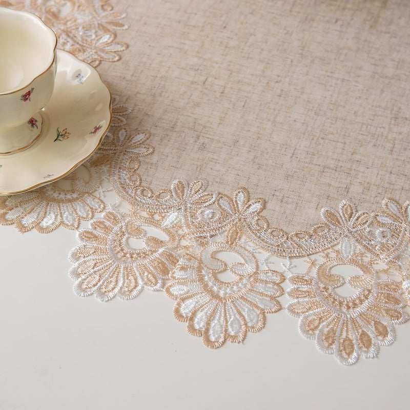 VIRFONOR European Antique Jacquard Lace Table Doilies,Small Farmhouse Linen Embroidered Table Topper Scarf Place Mat RusticTable Cover (Flower Shape, Diameter 23.5Inch) - Image 4