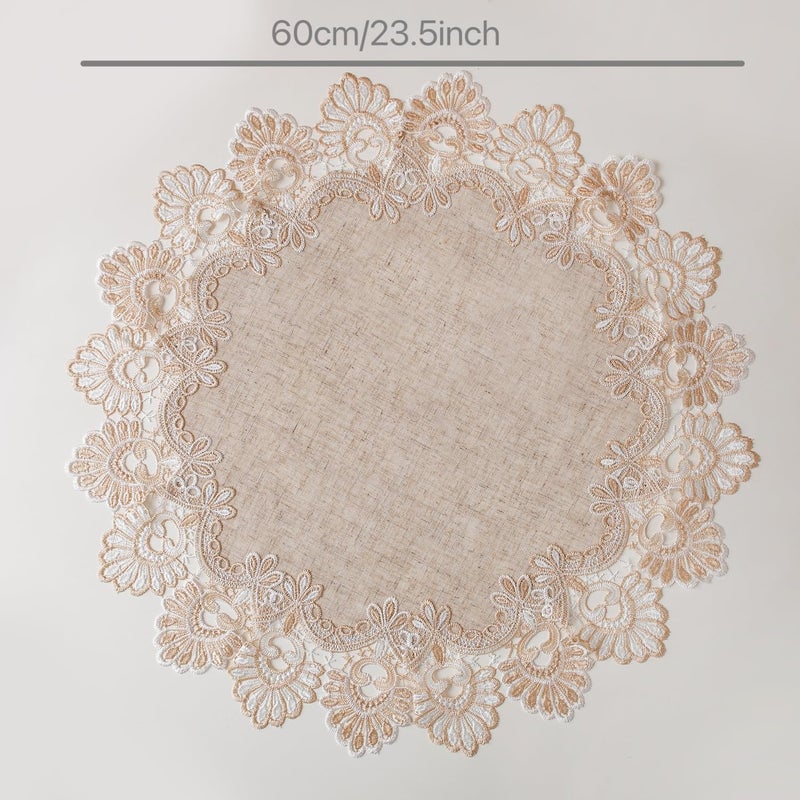 VIRFONOR European Antique Jacquard Lace Table Doilies,Small Farmhouse Linen Embroidered Table Topper Scarf Place Mat RusticTable Cover (Flower Shape, Diameter 23.5Inch) - Image 2