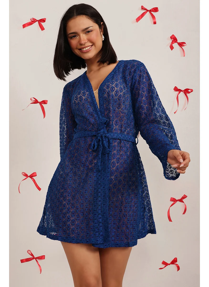 Clovia Clovia Chic Basic Sheer Robe in Royal Blue - Lace