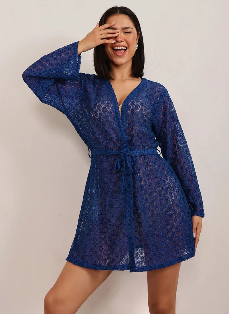 Clovia Clovia Chic Basic Sheer Robe in Royal Blue - Lace