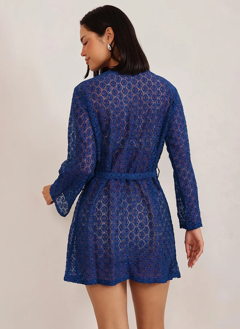 Clovia Clovia Chic Basic Sheer Robe in Royal Blue - Lace