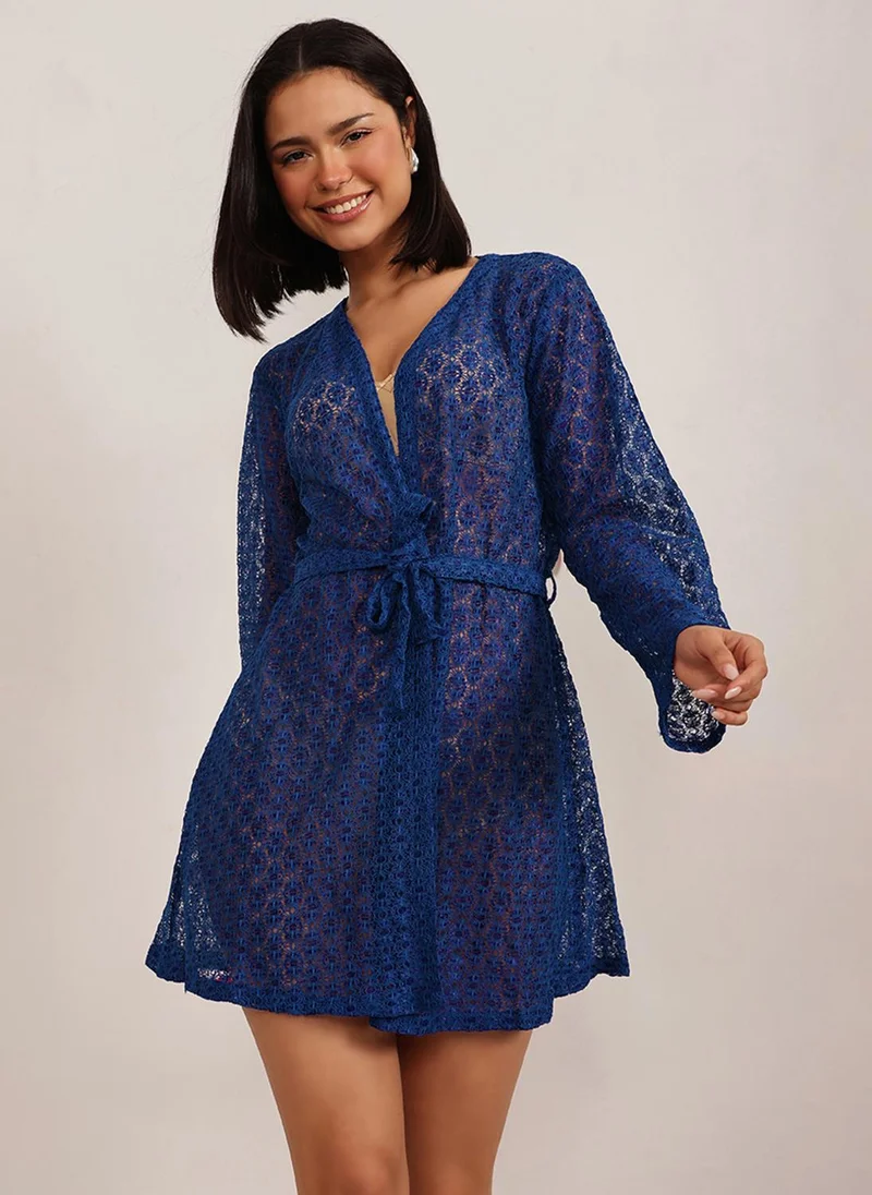 Clovia Clovia Chic Basic Sheer Robe in Royal Blue - Lace