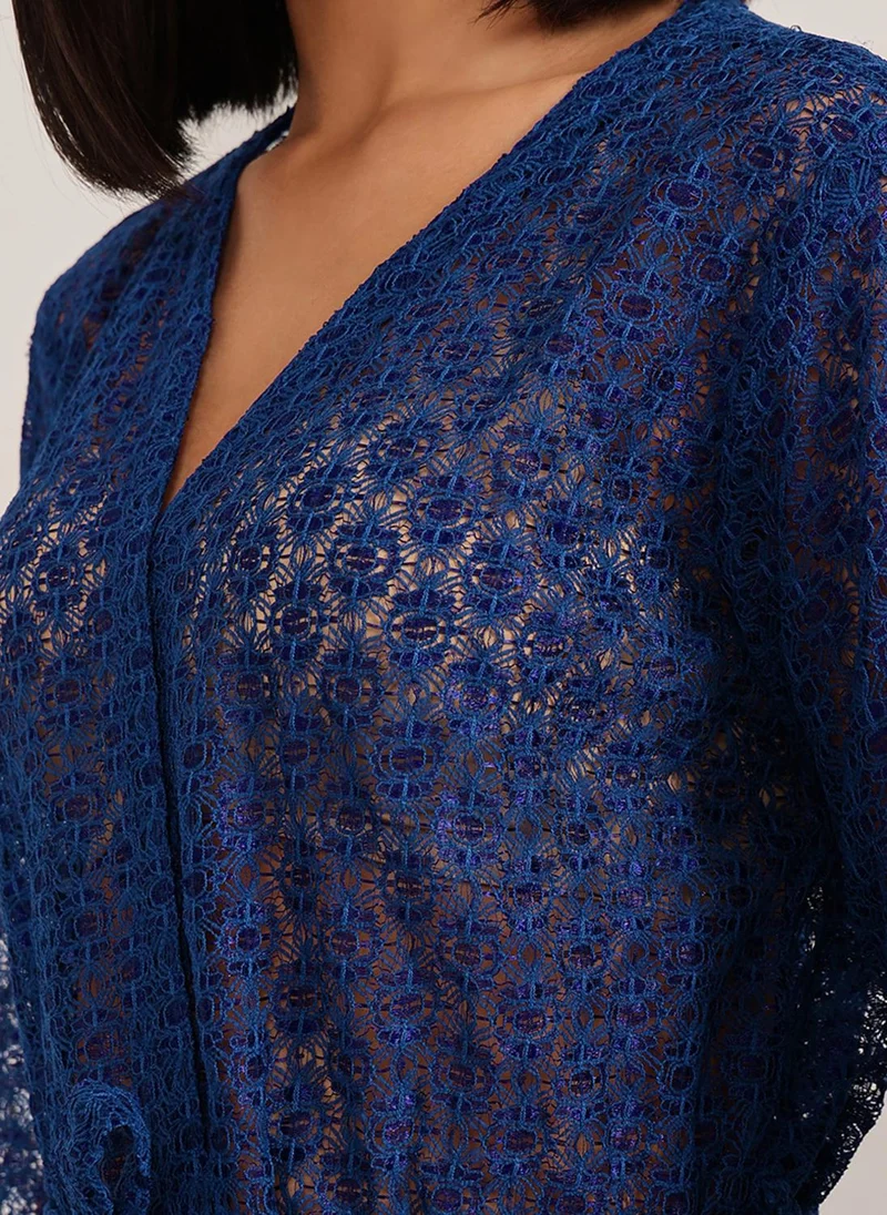 Clovia Clovia Chic Basic Sheer Robe in Royal Blue - Lace