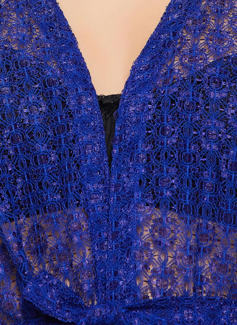 Clovia Clovia Chic Basic Sheer Robe in Royal Blue - Lace