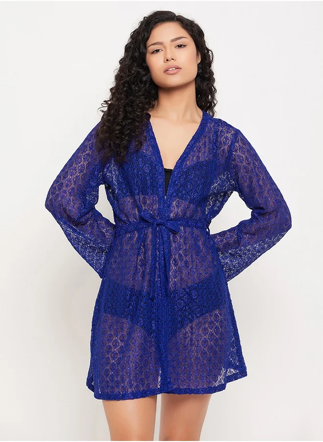 Clovia Clovia Chic Basic Sheer Robe in Royal Blue - Lace