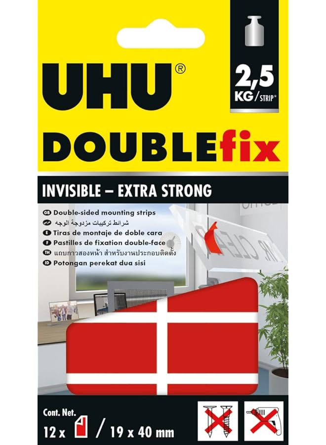 UHU شريط لاصق مزدوج الجوانب Uhu 45515 12 شريط بحجم 19 مم × 40 مم كل منها - Image 1