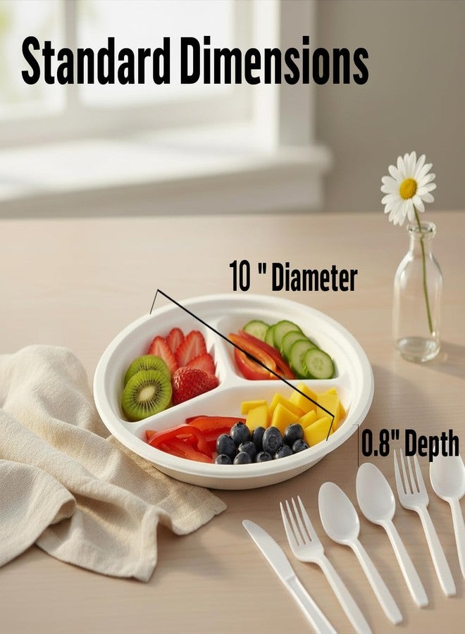 BEIDOU-PAC 3 Compartment Compostable Heavy Duty Disposable Paper Plates, 75 Count | 10 Inch Round | Natural Bagasse, White Biodegradable Eco-Friendly School Lunch, Buffet, Party Sugarcane Tray - Image 2