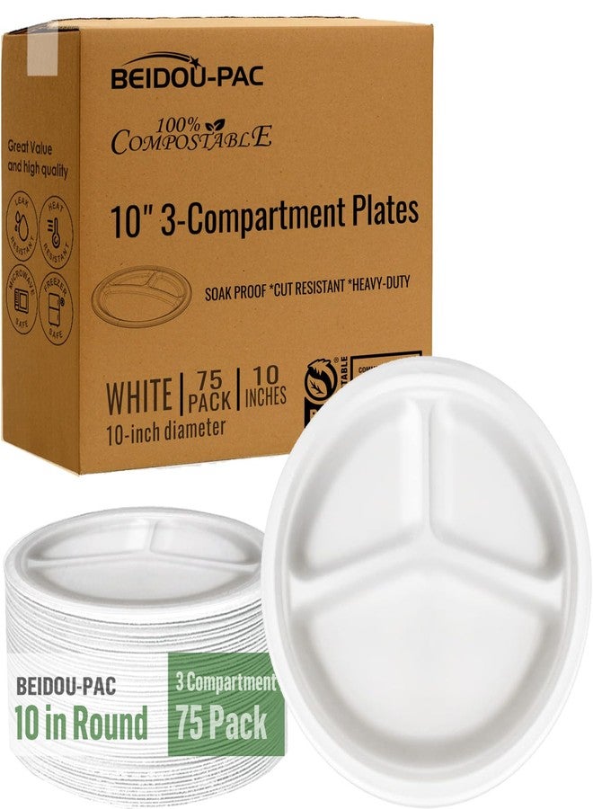 BEIDOU-PAC 3 Compartment Compostable Heavy Duty Disposable Paper Plates, 75 Count | 10 Inch Round | Natural Bagasse, White Biodegradable Eco-Friendly School Lunch, Buffet, Party Sugarcane Tray - Image 1