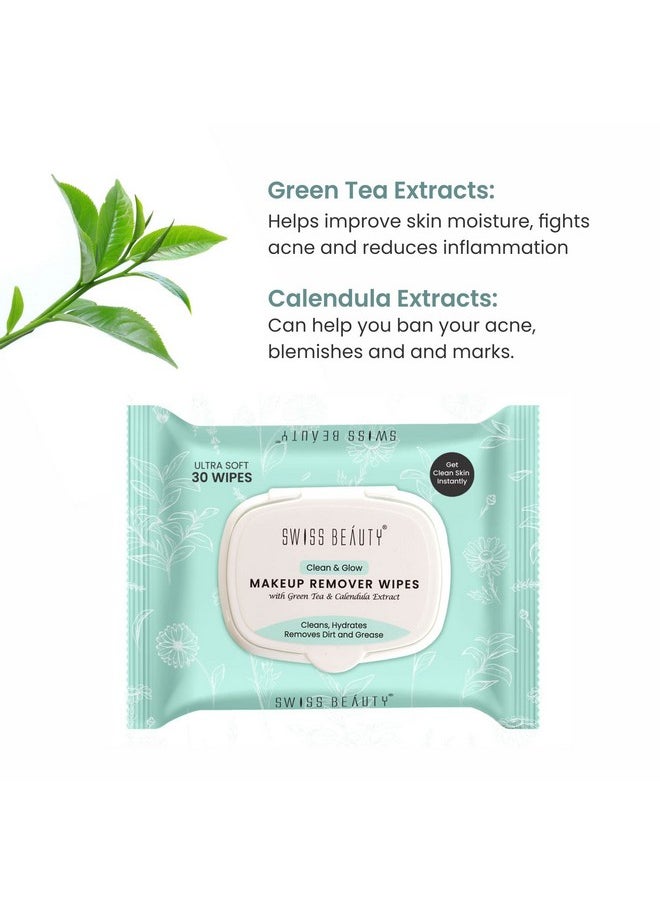 Swiss Beauty - Clean & Glow Makeup Remover Wipes | With Green Tea And Calendula Extracts| Cleansing And Hydrating Facial Wipes| 30 Wipes - Image 1