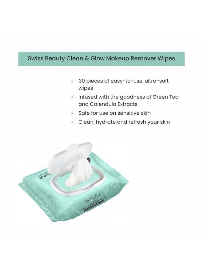 Swiss Beauty - Clean & Glow Makeup Remover Wipes | With Green Tea And Calendula Extracts| Cleansing And Hydrating Facial Wipes| 30 Wipes - Image 1