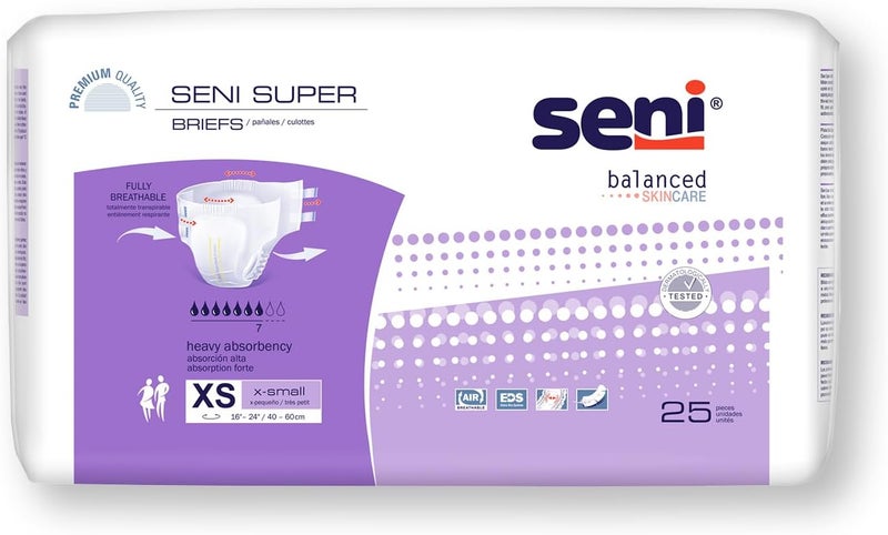 SENI Super Unisex Adult Incontinence Briefs with Tabs Size XSmall 1624 75 Count 3 Packs of 25 Heavy Absorbency Breathable Disposable Brief for Men Women - Image 1