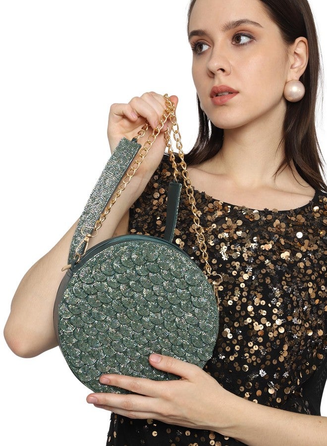 MARKQUES Emerald Green Embellished Crossbody Sling Bag With Cutdana Work Handle - Image 3