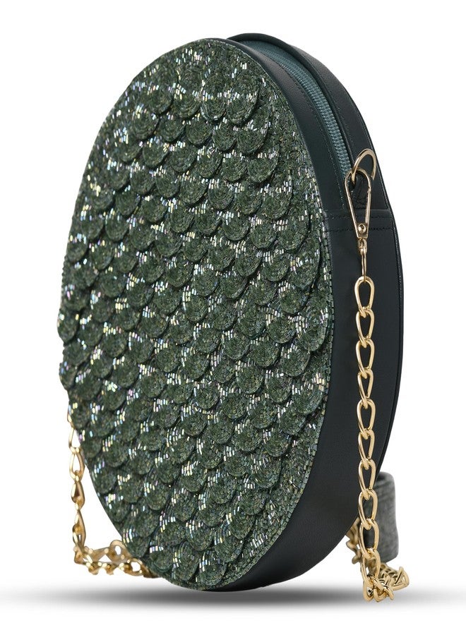 MARKQUES Emerald Green Embellished Crossbody Sling Bag With Cutdana Work Handle - Image 1