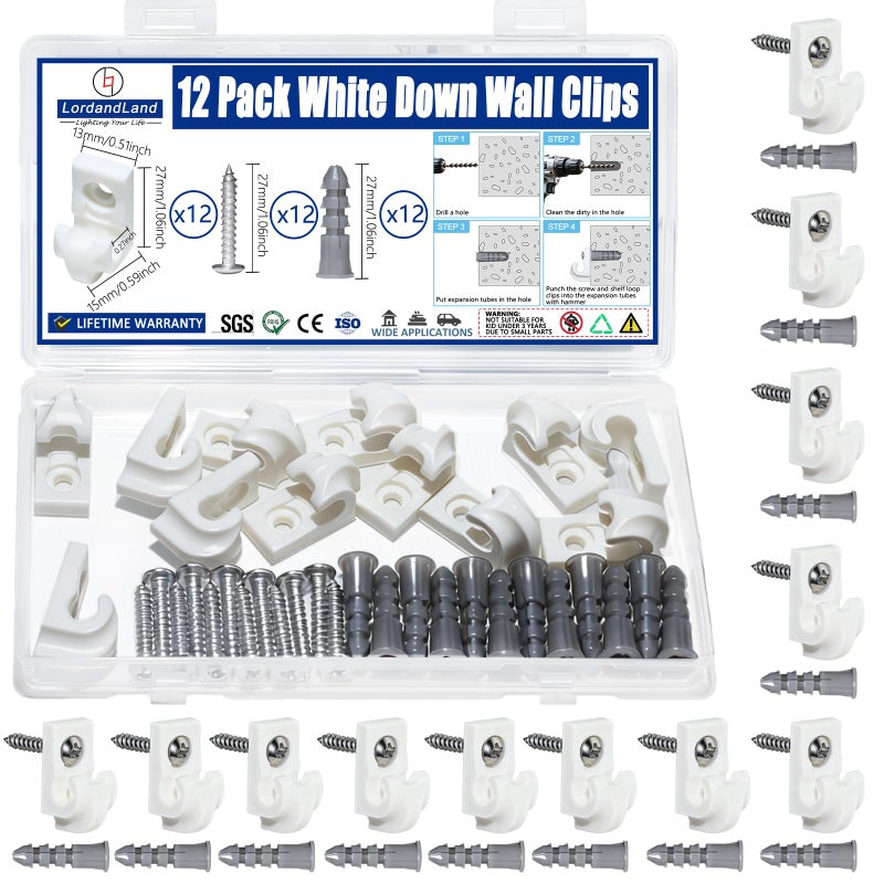 LordandLand 12 Pack White Down Wall Clip Closet Shelves Clips Wire Shelf Loop Clips Plastic Heavy Duty Wire Shelf Brackets Included Clips Screws and Expansion Tubes for Wire Closet Shelving - Image 1