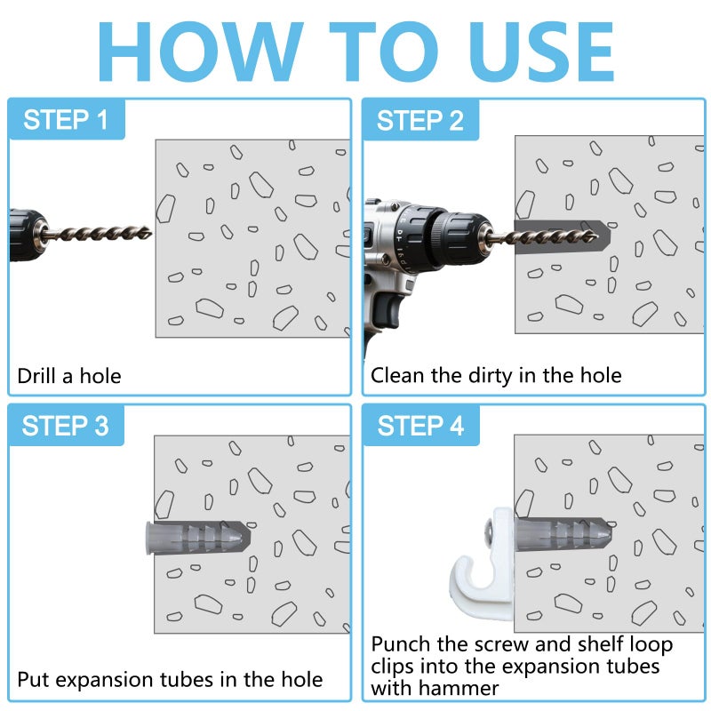 LordandLand 12 Pack White Down Wall Clip Closet Shelves Clips Wire Shelf Loop Clips Plastic Heavy Duty Wire Shelf Brackets Included Clips Screws and Expansion Tubes for Wire Closet Shelving - Image 3