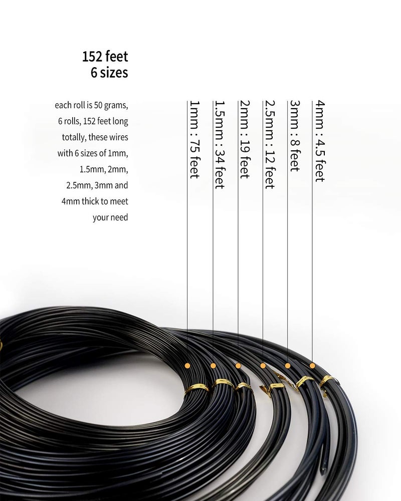 MoHern Bonsai Wire, 6 Sizes of 1mm, 1.5mm, 2mm, 2.5mm, 3mm, 4mm Black Aluminum Wire, Total 152 Feet Bonsai Tool Kit, 300 Grams Bonsai Tree Wire for Bonzai Trees Indoor by MoHern - Image 2