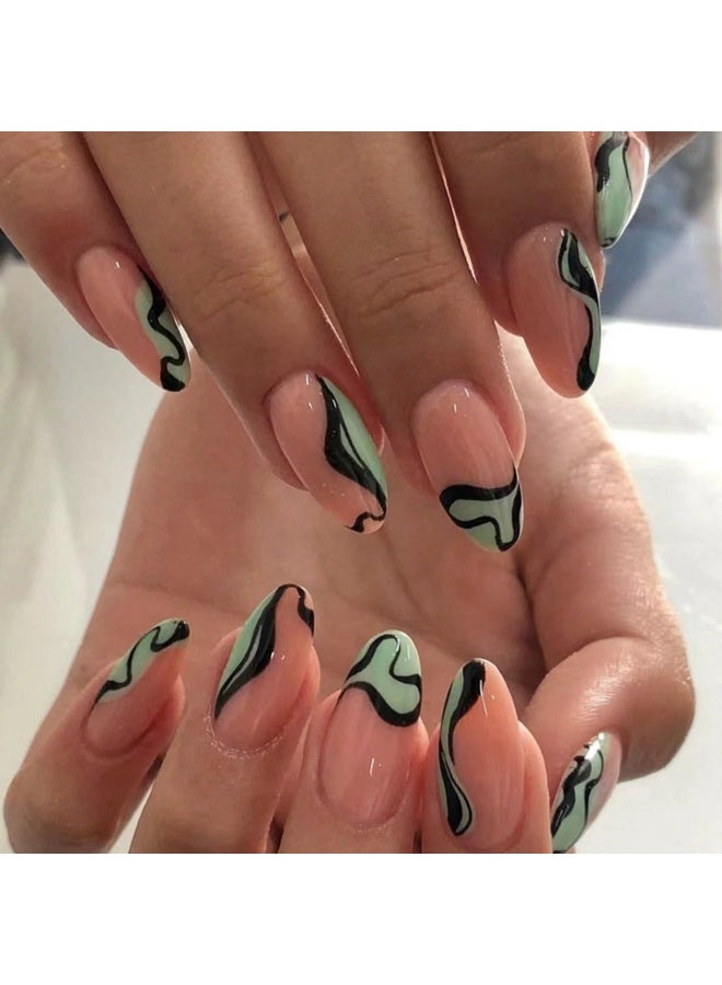 Goolsky Premium Press-on Nails with Black Green Dual Patchwork Ribbon for Artistic Charm