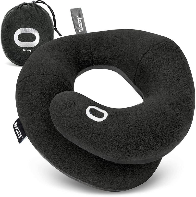 BCOZZY Travel Neck Pillow for Airplaneâ€“ Patented Double Support for Head, Neck, and Chin. Best for Long Flights, Plane Sleeping, and Car Rides. Adjustable Size. Fully Washable. Carry Bag. Large, Black - Image 1