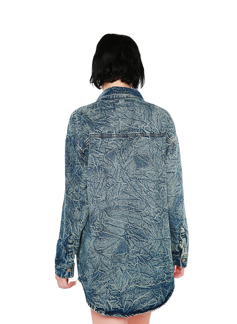 لندن راج جاكيت جينز مغسول بالأحماض ومتجعد باللون الأزرق الداكن - Image 4