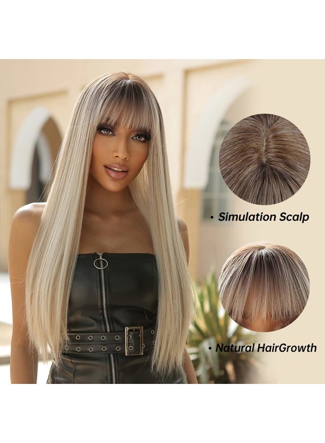 Allbell Long Straight Blonde Wigs with Bangs Ombre Hair Syntehtic Wigs for Women Heat Resistant Fiber - Image 2