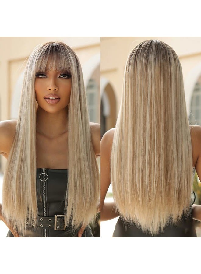 Allbell Long Straight Blonde Wigs with Bangs Ombre Hair Syntehtic Wigs for Women Heat Resistant Fiber - Image 1