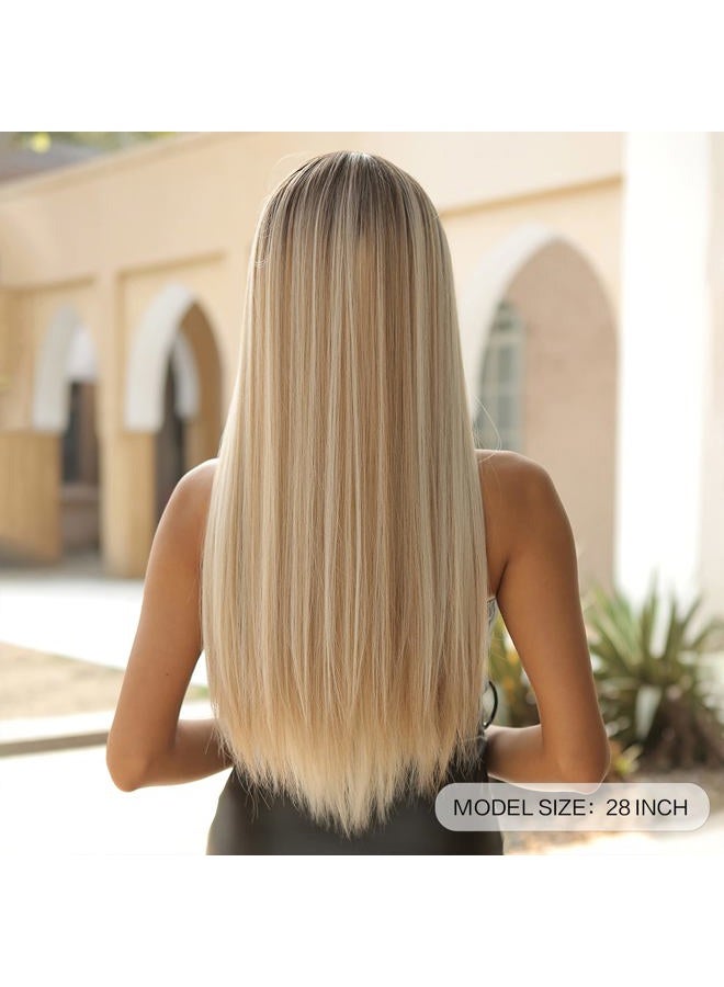 Allbell Long Straight Blonde Wigs with Bangs Ombre Hair Syntehtic Wigs for Women Heat Resistant Fiber - Image 3