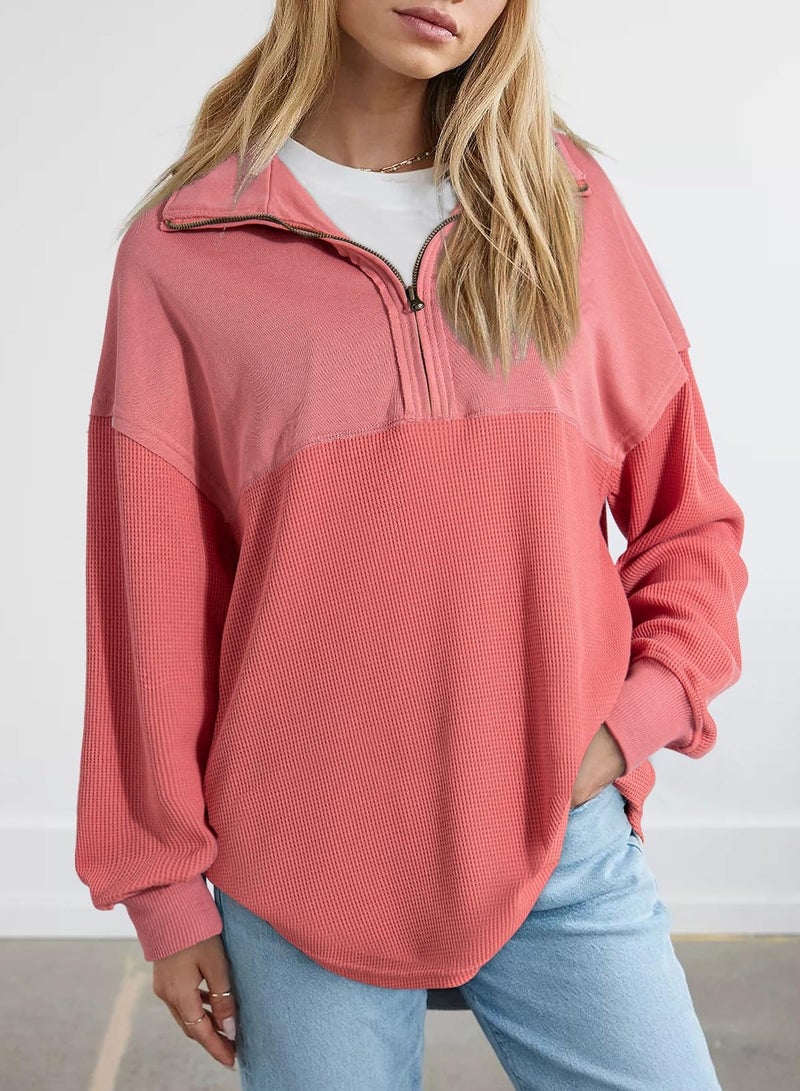 Shein SHEWIN Womens Sweatshirts Casual Waffle Knit Tops Half Zip Pullover Long Sleeve Shirts Quarter Zip Trendy Fall Outfits Oversized Clothes 2025 X-Large Brick Red - Image 2