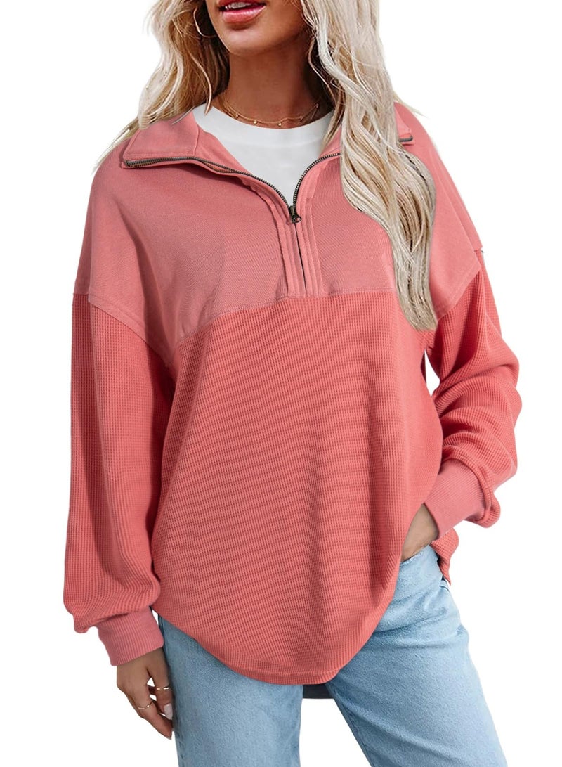 Shein SHEWIN Womens Sweatshirts Casual Waffle Knit Tops Half Zip Pullover Long Sleeve Shirts Quarter Zip Trendy Fall Outfits Oversized Clothes 2025 X-Large Brick Red - Image 1