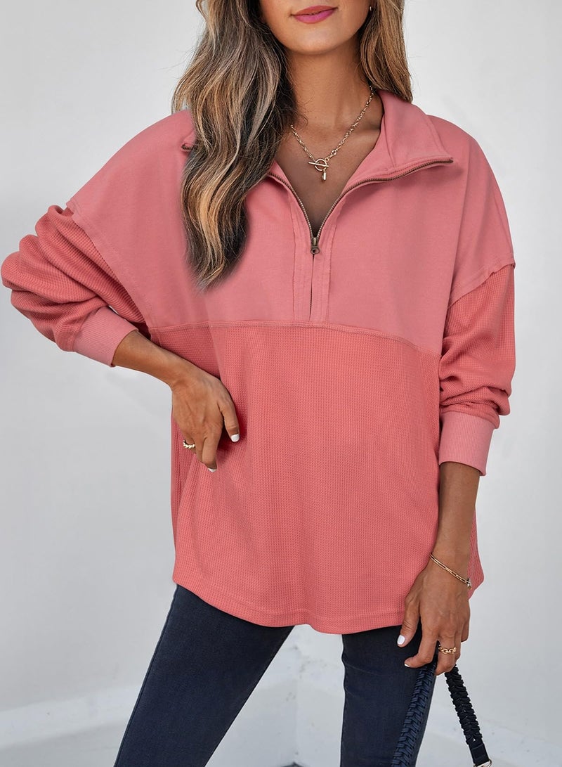 Shein SHEWIN Womens Sweatshirts Casual Waffle Knit Tops Half Zip Pullover Long Sleeve Shirts Quarter Zip Trendy Fall Outfits Oversized Clothes 2025 X-Large Brick Red - Image 4